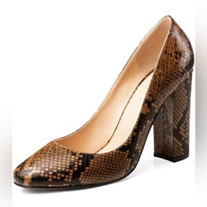 SAMMITOP Round Toe Snake Skin Block Heel Pumps 4”